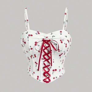 Fruit Cherry Print Tie Front Bustier Crop Top