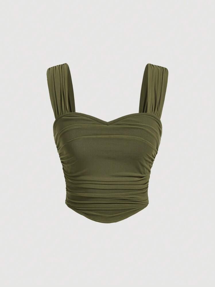 Solid Ruched Wide Strap Top