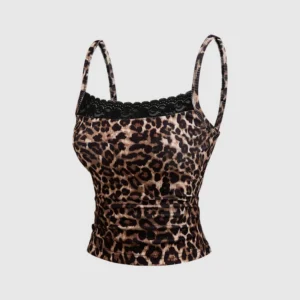 Leopard Print Black Lace Camisole Tank Top