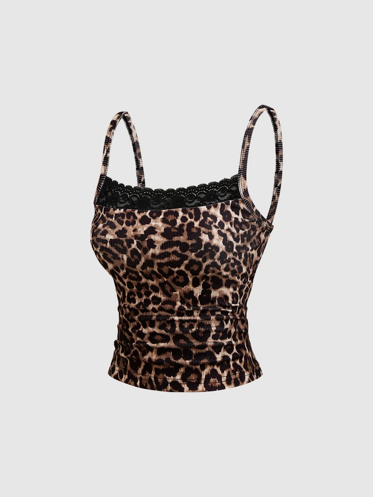 Leopard Print Black Lace Camisole Tank Top