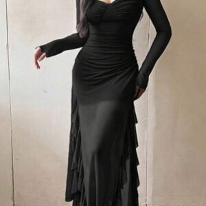 Anaya Black Mesh Ruffle Long Sleeve Dress
