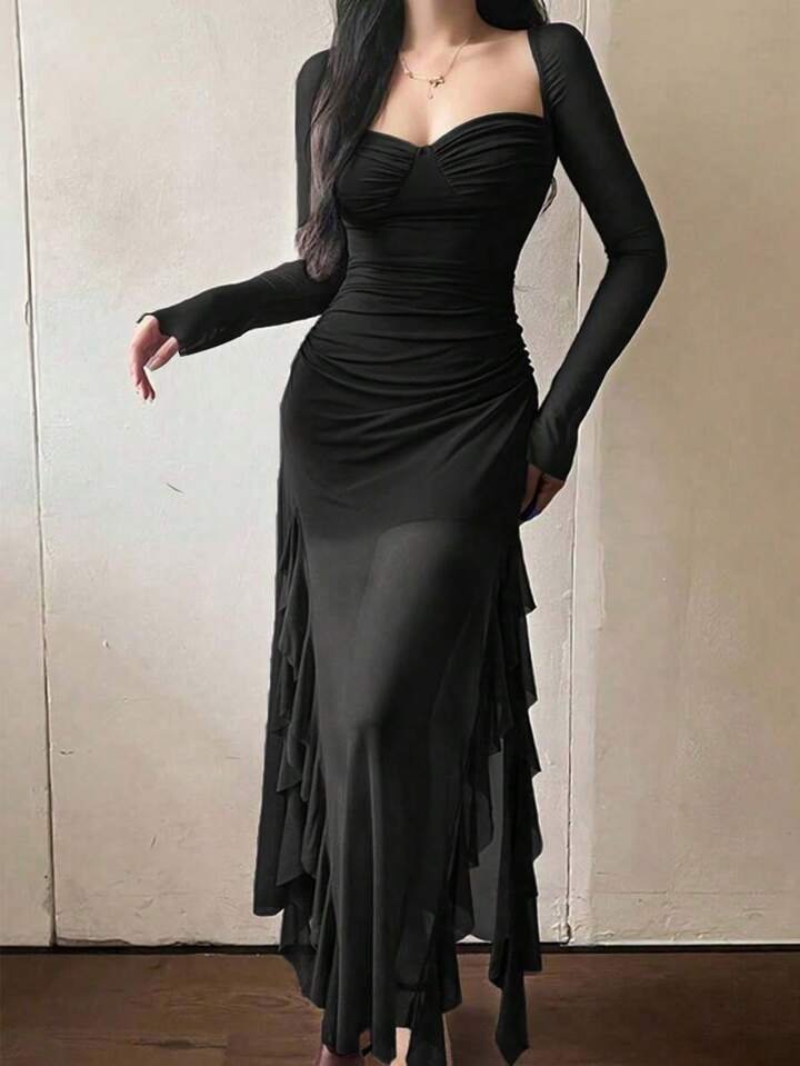 Anaya Black Mesh Ruffle Long Sleeve Dress