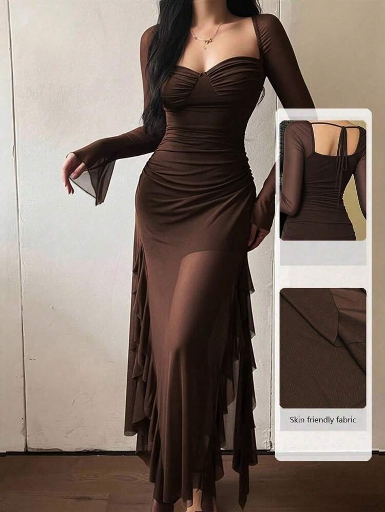 Anaya Mesh Ruffle Long Sleeve Dress