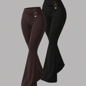 Black Metal Buckle Commuting Flare Leg Pants