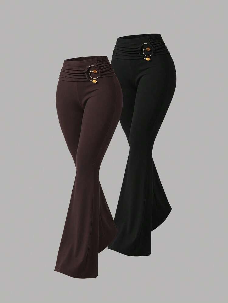 Black Metal Buckle Commuting Flare Leg Pants