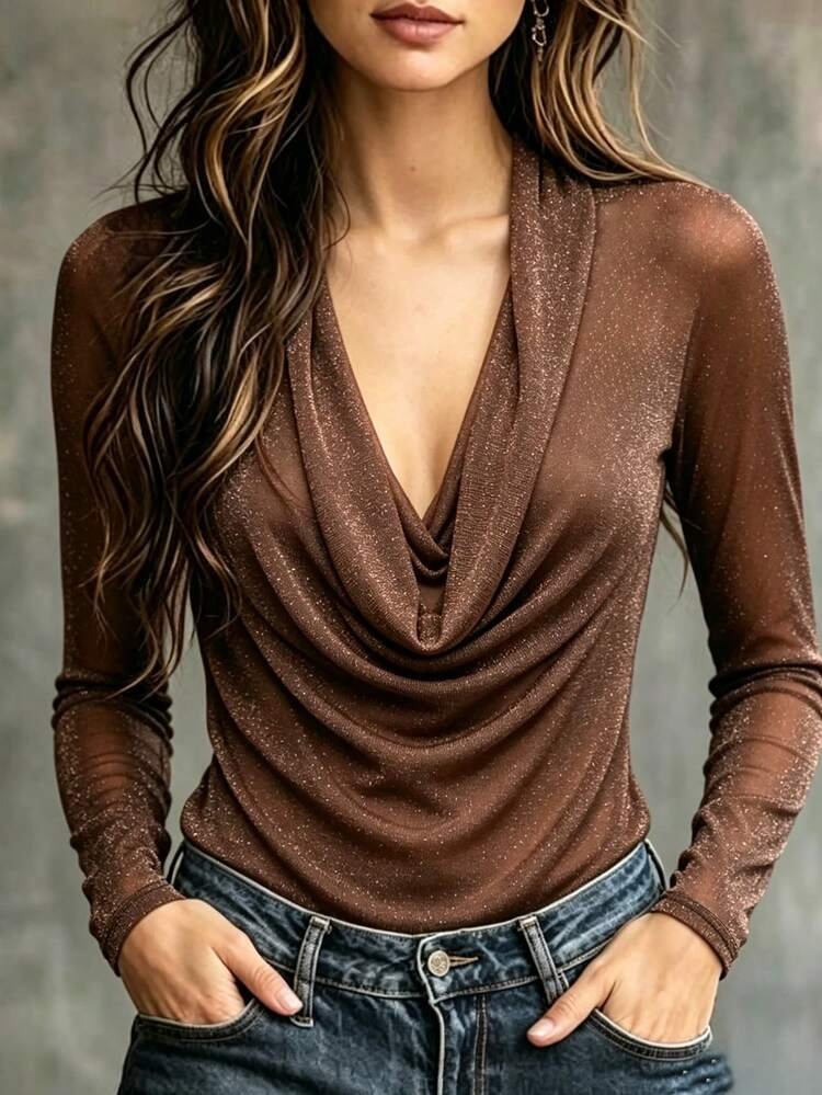 Anaya Cowl Neck Ruched Asymmetrical Shiny Top