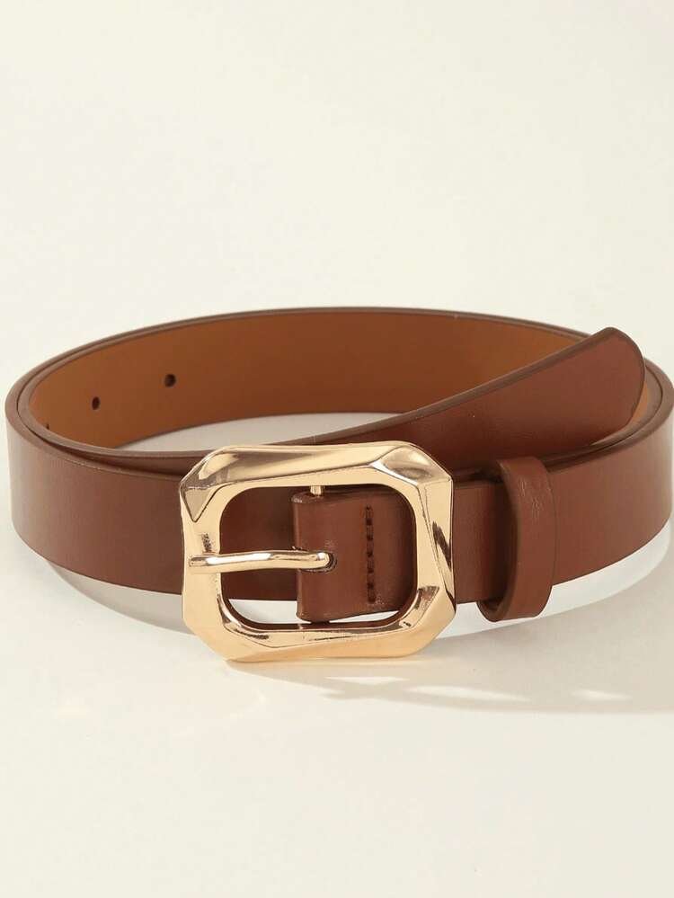 Brown Gold Square Buckle PU Leather Belts