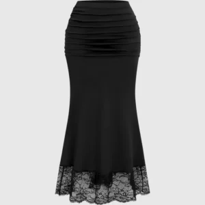 Black Contrast Lace Hem Commute Skirt