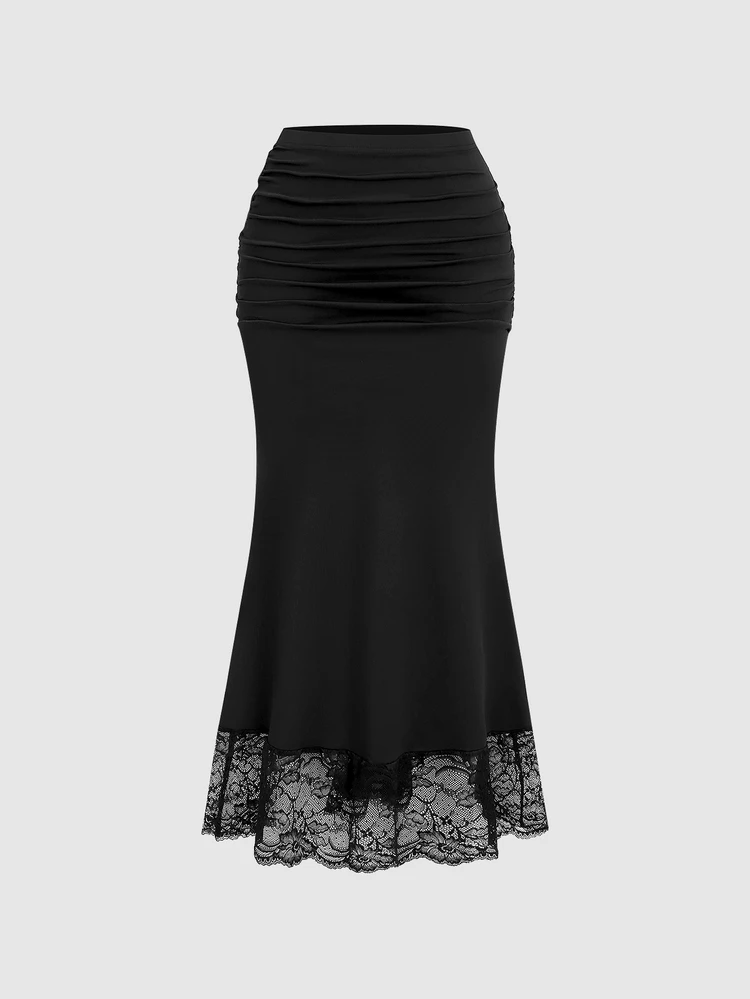 Black Contrast Lace Hem Commute Skirt