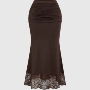 Brown Contrast Lace Hem Commute Skirt