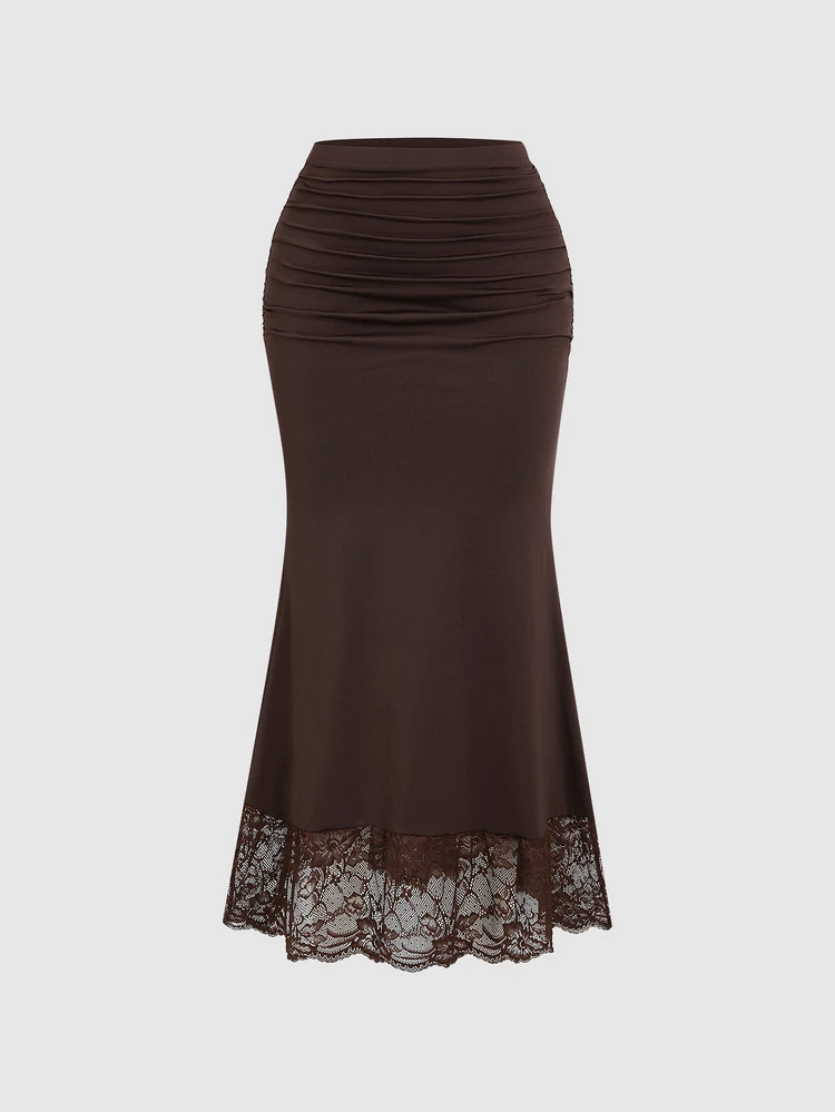 Brown Contrast Lace Hem Commute Skirt
