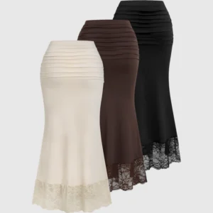 Baige Contrast Lace Hem Commute Skirt