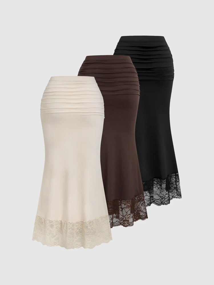Baige Contrast Lace Hem Commute Skirt