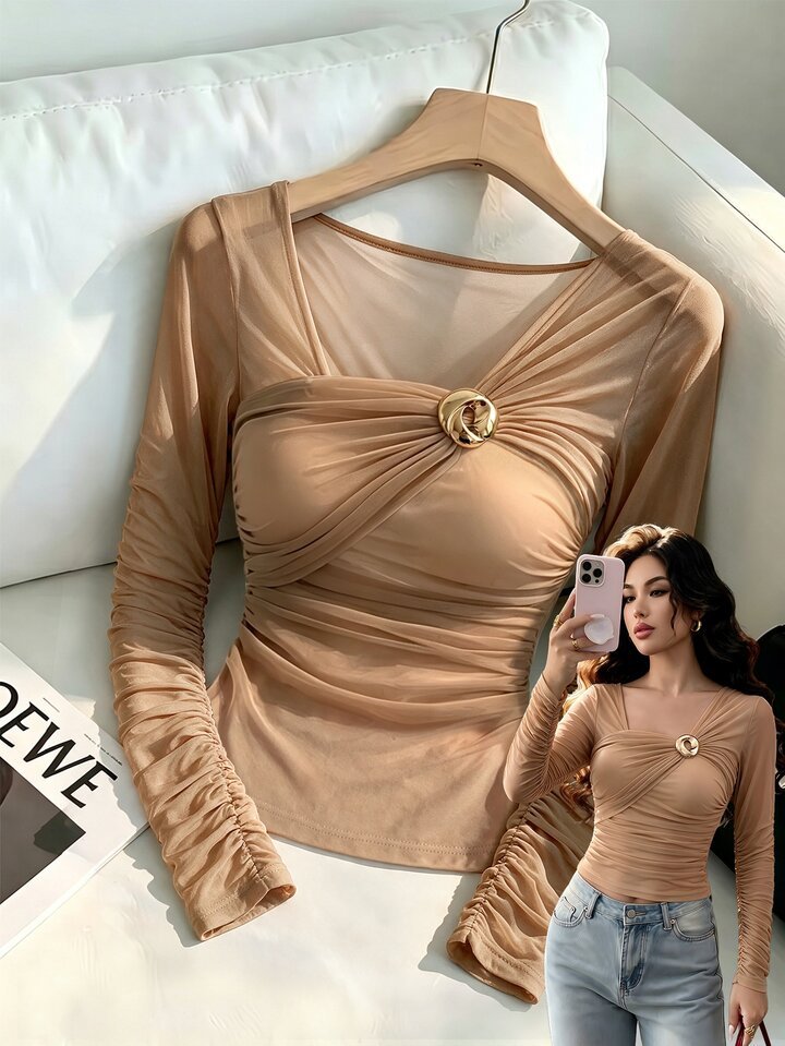 Anaya Mesh Asymmetrical Collar Shawl Top