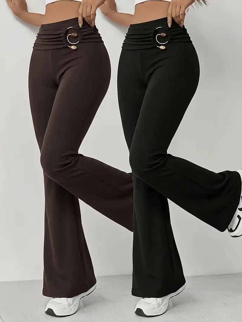 Black Metal Buckle Commuting Flare Leg Pants - Image 4