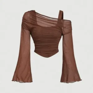 Brown Off-Shoulder Mesh Flare Sleeve Top
