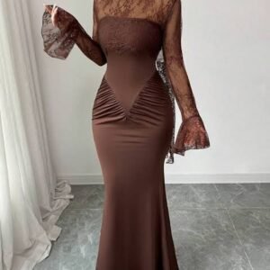 Anaya Coffee Brown Lace Mermaid Maxi Dress