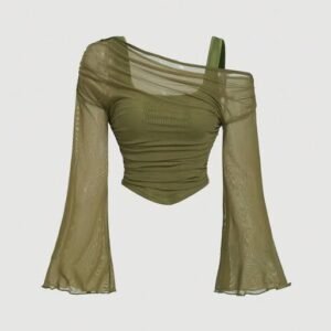 Army Green Off-Shoulder Mesh Flare Sleeve Top