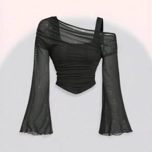 Black Off-Shoulder Mesh Flare Sleeve Top