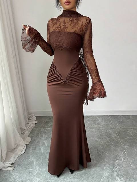 Anaya Coffee Brown Lace Mermaid Maxi Dress